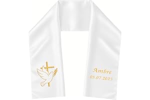Atelier Fildor Étole de Baptême Bébé/Enfant Personnalisée Prénom Date - Broderie Satin Blanc Fait Main 85x15 cm - Cérémonie Religieuse - Cadeau Filleul Filleule