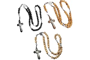 PANDIUI23 3x Rosario in Legno di Ulivo con Finiture in 3 Tipi di Teka | Rosario Uomo con Croce di San Benedetto e Intaglio Manuale Tipo Perla | Rosari religiosi Donna | Rosari Religio