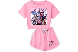 Exhloag 2 Piece KPop Demon Hunters Tracksuit Kids T-Shirt and Shorts Outfit Summer Tracksuit Set Huntrix Huntr/X Anime Printed KPop Demon Hunters Suits for Boys Girls