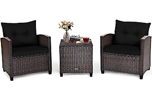 COSTWAY Conjunto Jardin Exterior de Ratán 3 Piezas, 1 Mesa Auxiliar de Vidrio Templado y 2 Sillas con Cojines, Muebles Jardin Terraza Balcon Exterior(Negro)