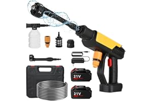 VULAOP Limpiador de alta presión con batería, 21 V, 70 bar, con 2 baterías de 15000 mAh, boquilla multifunción 6 en 1, manguera de 5 m, limpiador de alta presión portátil para coches, terrazas, ventanas,