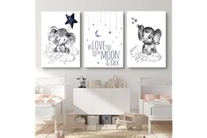 TROYSINC 3er Set Poster Niedliches Tier, Baby-Elefant Grau Bilder Kinderzimmer Deko Junge Mädchen Babyzimmer Kinderbilder (A,21x30cm)