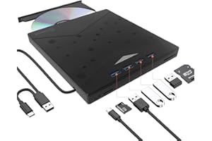 Qumox Masterizzatore DVD CD Externo, Lector DVD Externo,USB 3.0 Con 4 Puertos USB Y 2 Lectores De Tarjetas TF/SD,Unidad CD/DVD Externa Ultra Delgada Para Laptop Mac,PC Con Windows 11/10/8/7 Y Linux OS