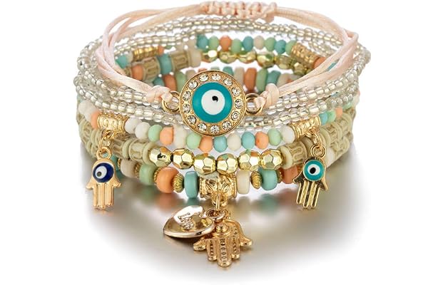 Shining Diva Fashion Bohemian Stackable Multilayer Hamsa Hand Evil Eye Lucky Protection Bracelets Multicolor Crystal Charm Be