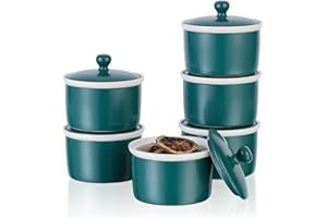 240ml Pirottini per Soufflé con Coperchio, Candiicap Set di 6 Pirottini da Soufflé in Porcellana per Cuocere al Forno, Budini, Creme Brulée, Salsa di Servizio (240ml, Verde Opaco)