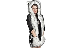 Petalum Damen Winter Warm Mütze Schal Handschuhe Set Kapuzen Handschuhe Warm Kapuzenschal Plüsch Tiere Bär Panda Wolf Paws Ohren Fellmütze