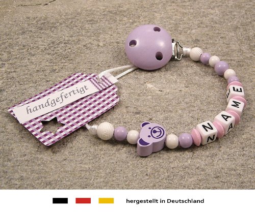 Personalised Baby DUMMY CLIP | Pacifier Holder with preffered name – girls motif lilac bear | Beststeller from Germany
