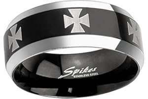 Piersando Herren Ring Edelstahl Biker Poliert mit Iron Cross Herrenring Eisernen Kreuz 8mm Breit Schwarz Silber