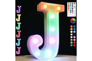 OYCBUZO Light Up Colorful LED Marquee Letter Lights, 18 Colors Changing Alphabet Letters Sign with Remote Timer for Night Light Wedding Birthday Party Lamp Christmas Home Bar Decor- Colorful J