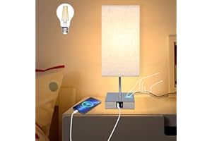 Glitzerlife Lampa Stołowa do Sypialni - Lampka nocna ściemniana dotykowo, ciepła biel E27 z funkcją ładowania przez USB abażur z tkaniny do dekoracji, stolik nocny, prezent, jadalnia, salon