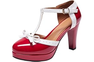 XIEWANG Women's High Heels T-bar Block Heel Pumps Ladies Platform Mary Jane Comfy Court Shoes