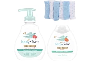 HAMEDIS Baby Dove Bundle - Fragrance Free - Sensitive Skin Care - Head to Toe Wash 200ml + Lotion 200ml + 6 Wash Cloths (Pink or Blue)