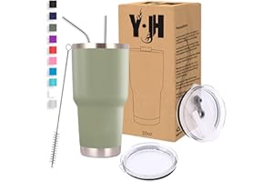 YJH Y·J&H 30oz (850ml) Travel Tumbler Double Wall Vacuum Insulated Coffee Mug Stainless Steel Coffee Cup with 2 Splash Proof Lid, 2 Straws & Free Cleaning Brush, BPA Free - Army Green