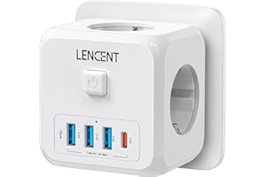 LENCENT Cubo Enchufe USB 7 en 1, Ladron Enchufes 4000W, Triple Múltiples Pared con 3 Tomas de CA, 3 USB-A, 1 Tipo C y Interruptor, Cargador Regleta Pared para Oficina, Cocina y Habitación