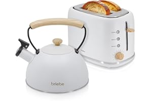 briebe Nordic Ensemble Grille Pain 2 Fentes Tranches Larges, 6 Niveaux de Dorage + Bouilloire Induction Sifflante 2,3L, Acier Inoxydable, sans BPA, Pack Petit Déjeuner, Design Nordique, Blanc