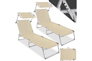 TecTake® 2 x Lettino, Lettino Pieghevole, Sedia a Sdraio per prendere il Sole, Sdraio da Giardino con Ombrello Parasole 190cm, Lettini prendisole pieghevoli - Beige