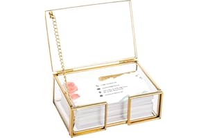 Feyarl Gold Glass Business Card Box with Lid Name Card Display Holder Business Card Organizer Storage for Office Desk Tabletop Countertop
