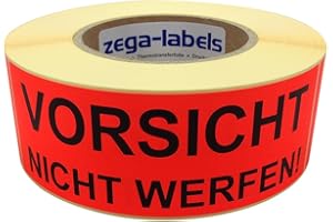 zega-labels Warnetiketten - Vorsicht! Nicht werfen! - 500 Stück je Rolle - 150 x 50 mm - Versandaufkleber Papier Leuchtrot stark haftend