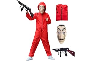 ATOWORLD Combinaison de Voleur de Banque Déguisement Combinaison Voleur Rouge Enfant Combinaison Rouge à Capuche avec Masque Carnaval Fille Garcon Carnaval Costume Deguisement Halloween Enfant pour Cosplay