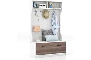 COSTWAY Coat Rack with Shoe Storage, Freestanding Hall Tree Coat Stand with 5 Double Hooks, 2 Shelves and Shoe Bench, Entryway Hallway Storage Unit Clothes Hanger Stand Organiser, 100x40x160cm (White)