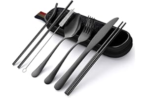 Hotype Ensemble de Couverts, Couverts de Camping en Acier Inoxydable, Couteaux, Fourchettes, Cuillères, Baguettes, Pailles, Brosse, Sac Portable, pour Voyage Maison École Déjeuner, 8 Pièces, Noir