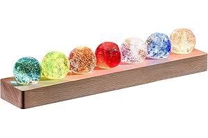 JOJOCY 7 bunte Glaskristallkugeln mit LED-Licht, Holzständer natürliche Kristall-Quarz-Heilkugeln Nachtlicht-Dekoration
