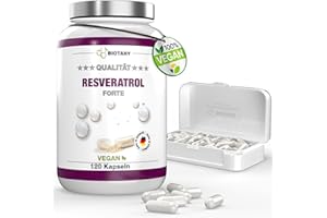 BIOTARY Resveratrol 120 gélules 500 mg, 4 mois d'approvisionnement, pilulier inclus, testé en laboratoire, végétalien, 98% de trans-resvératrol d'extrait de racine de renouée japonaise