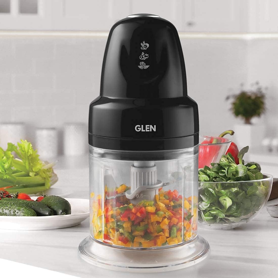 Glen electric chopper for kitchen, 2 stainless steel blades, vegetable chopper, cutter, Whisking Disc Chops Nuts 500ml Capacity Bowl, 250W - Black (SA4043TUBLK)