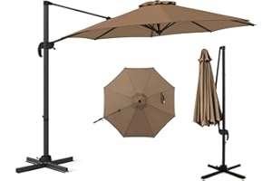 COSTWAY 3M/3.3M Garden Cantilever Parasol, Outdoor Offset Banana Hanging Umbrella with 5 Adjustable Tilt, 360° Rotation and Cross-shaped Base, 8-Rib Sun Shade Canopy