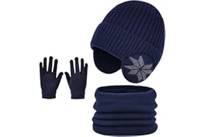 Enwokran Kids Winter Beanie Hat Scarf Gloves Set with Earflaps, Unisex Fleece Inner Lining Elastic Warm Knit Beanie Cap Earmuff Neck Warmer Touchscreen Gloves for Children Aged 4-10