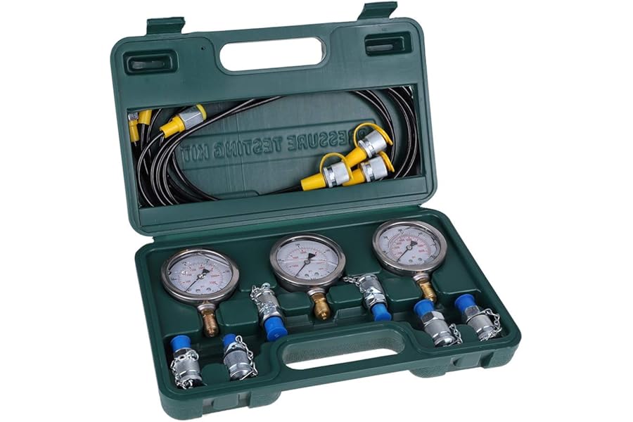 Hydraulic Pressure Test Kit, 250/400/600 bar, Hydraulic Test Gauge Set with 3 Gauges, 4 Test Couplings, 2 Test Connection, 3 Pressure Gauge Connector, Box for Excavator Tractors Construction Machinery