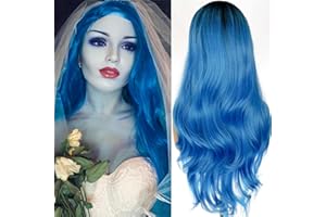 PORSMEER Perruque Femme Naturelle Synthétique Résistante à la Chaleur Cheveux Longue Bouclée Wave Wig,Perruque Afro, perruque bleu ombre avec racines foncées26Inch (65cm)