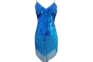 Grouptap Womens flapper gatsby sequin tassel ballroom dance sling skirt cyan blue/red/white latin salsa tango samba cha cha rumba dress size 32/34/36/38