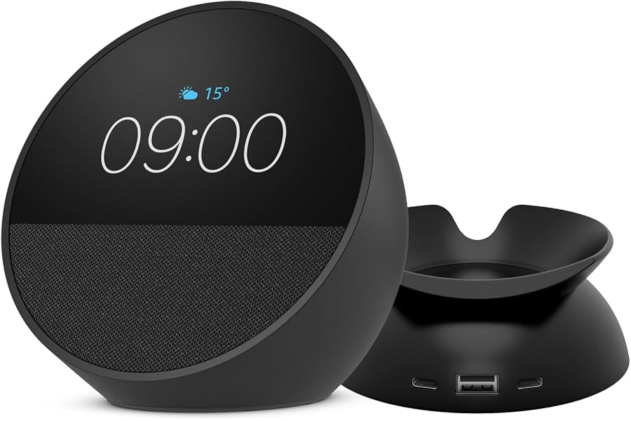 Amazon Echo Spot smarter Wecker mit sattem Klang und Alexa + Ständer mit USB-C- und USB-A-Ladeanschlüssen für Echo Spot