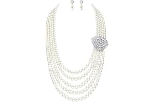 BABEYOND 1920s Gatsby Pearl Necklace Vintage Bridal Pearl Necklace Earrings Jewelry Set Multilayer Imitation Pearl Necklace with Brooch