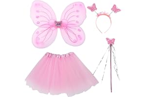 MIVAIUN 4-teiliges Schmetterlingsflügel-Set, Engelsflügel, Verkleidung, geschwollener Rock, Tüll-Kostüm-Set mit Schmetterlingsflügeln, Feenflügel-Outfit, Zubehör für 2–8 Jahre, Mädchen zum Geburtstag, Kindertag