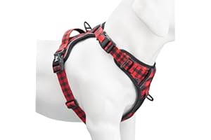 PoyPet No Pull Dog Harness, [Release on Neck] Reflective Adjustable No Choke Pet Vest with Front & Back 2 Leash Attachments, Soft Control Training Handle for Large Dogs(Checkered Red,L)