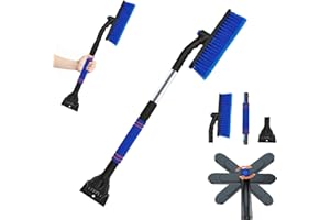 Xiujuers 3 in 1 Raschietto Ghiaccio Auto, Spazzola da Neve Retrattile, Rotazione di 360 Gradi Raschiaghiaccio Auto, Snow Brush Scraper di Ghiaccio Rimovibile, Adatta per Auto, Camion e SUV (Blu)
