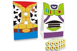 YNOUU 24 bolsas de regalo inspiradas en juguetes para fiestas de cumpleaños, incluyendo Woody y Buzz Lightyear 2 patrones para decoraciones de fiesta de cumpleaños de niños