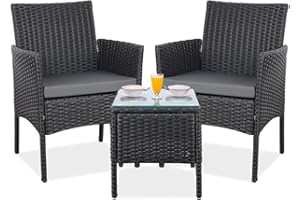 YOEVU - Set de Jardín de Ratán 3 Piezas | 2 Sillas con Cojines y Mesa de Cristal | Resistente al Agua y Sol | Ideal para Terraza y Balcón, Grande, Ratán (Antracita)