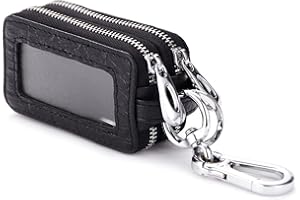 PORRASSO Key Case Genuine Leather Car Key Bag Portable Key Zipper Pouch Double Layer Car Smart Key Chain for Men Women Black