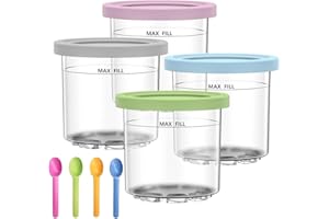 Dimoxii 4 Pcs Bacs À Crème Glacée pour Ninja Creami, Pot à Glace avec Couvercles en Silicone et Cuillères Compatibles avec les Séries NC301 NC300UK NC299AMZ