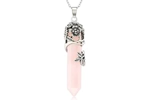 DIVANI Vintage Crystals Necklace - Flower Wrapped Rose Quartz - Quatz Gemstone Reiki Healing Crystal Stainless Steel Pendant Necklace Jewelry