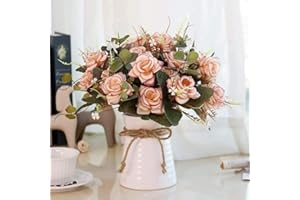 LESING Flores Artificiales Rosas de Seda con Modernos Ceramica Jarrones de Flores para 3 Piezas Rosas Ramo de Novia para Centro de Mesa Decoración - Rosado