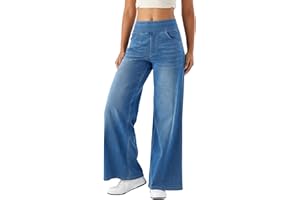 BFYSFBAIG Women’s High Waisted Pull on Wide Leg Jeans Stretchy Tummy Control Denim Pants Baggy Straight Leg Trendy Jeans