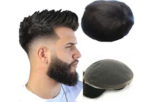 N.L.W. NLW Peluca Hombre, Sistema de Reemplazo de Cabello Humano 100% Natural de Densidad Media, Peluca de Encaje Francés Transpirable Base de 8 * 10 Pulgadas (1 negro intenso)