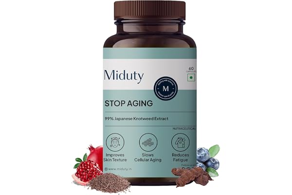 Miduty Stop Aging Trans Resveratrol 99% Japanese Knotweed Extract Quercetin, Bitter Orange & Pomegranate Fruit Extract Powerful Antioxidant Formula Anti Aging Supplement 60 Veg Capsules