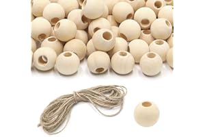 KtbeYTi 100 cuentas de madera naturales redondas de 16 mm con cuerda de cáñamo para decoración, fabricación de joyas DIY (agujero de 6 mm)