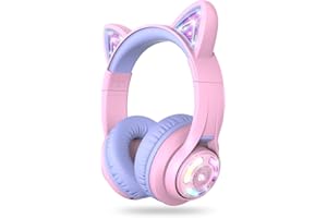iClever Kids Bluetooth Headphones, BTH13 Cat Ear LED Light Up Kids Headphones Wireless, 50H Playtime, 74/85dBA Volume Limiting Children Headphone with Microphone Over Ear for School/Tablet/PC