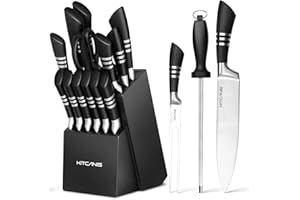 Kitcanis Couteaux de Cuisine, 17 Pièces Set Couteau Cuisine en Acier Inoxydable, Couteaux de Cuisine Professionnels avec Bloc Couteaux en Bois